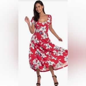 CHAPS🌺Floral TROPICAL Maxi DRESS Long Red Maxi Flare Hibiscis Flowers size Small